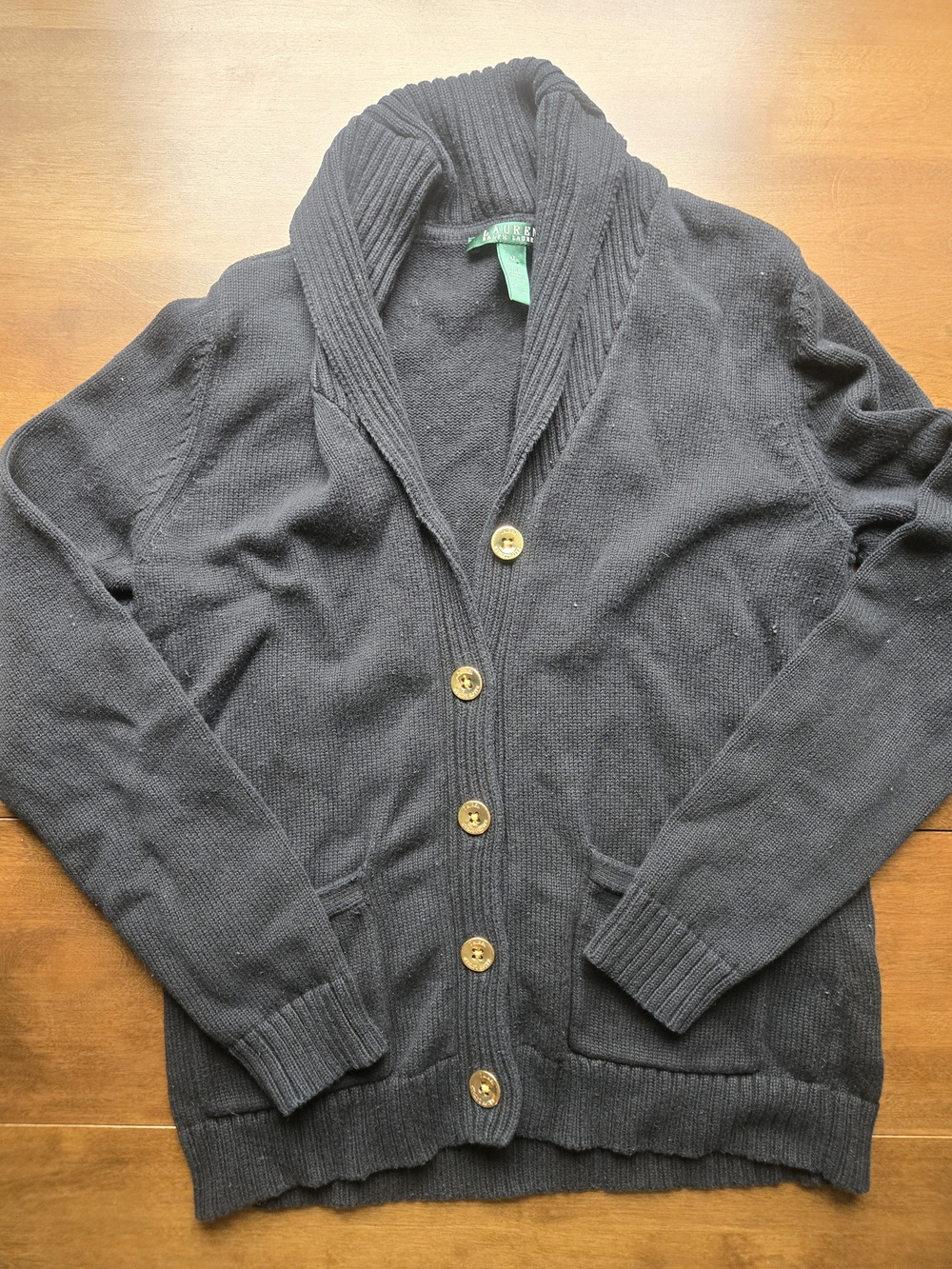 Lauren Ralph Lauren Black Shawl Collar Cardigan with Wooden Buttons